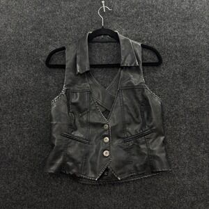 BodyC Womens Black Faux Leather Halter Vest Y2K Distressed Cropped Biker Large
